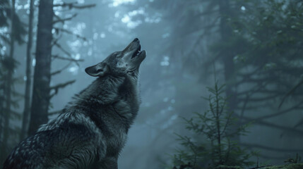 The eerie howls of wolves and other nocturnal creatures can be heard echoing through the dark misty forest. .