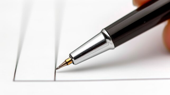  A hand holds a pen above a blank sheet of paper, the tip hovering over an unmarked spot, ready to write, while another pen lies idle nearby