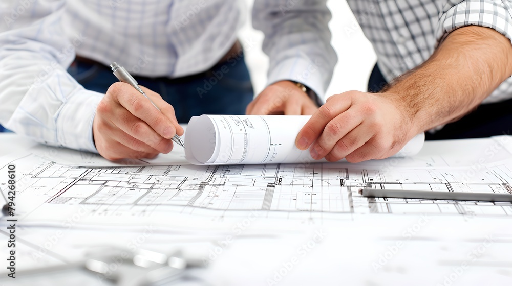 Poster close-up of architects reviewing blueprints on a desk. collaborative planning in a professional sett