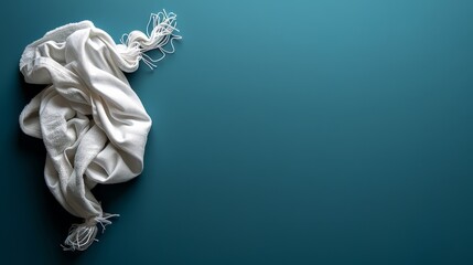   A white cloth on a blue surface, each end secured with a string