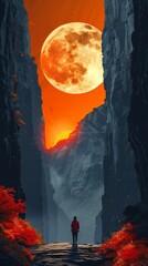 An atmospheric pixel art of a man under a red moon in a natural landscape, generated with AI