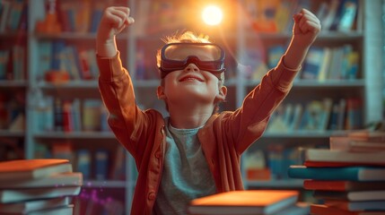 Energetic young 3D learner celebrating success, educational tools ready, for a virtual learning environment - obrazy, fototapety, plakaty