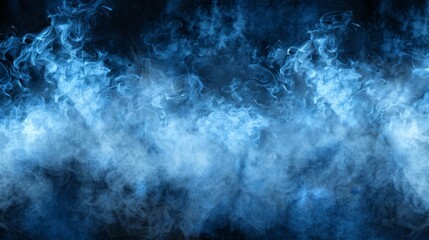   Black backdrop with copious blue smoke rising from its upper portion - obrazy, fototapety, plakaty
