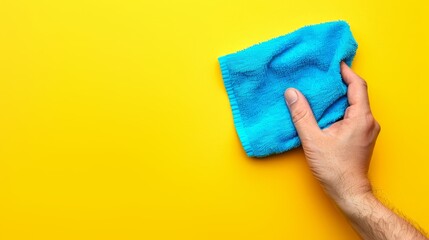   Person's hand holding a blue microfiber over a yellow background, another blue microfiber lying on the yellow surface - obrazy, fototapety, plakaty