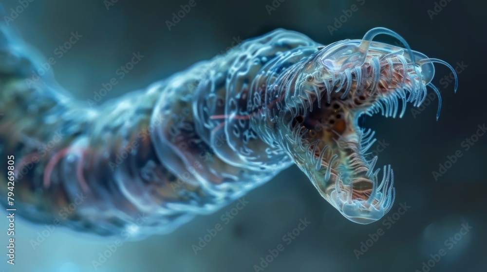 Poster a microscopic image of a single nematode with its mouth open feeding on minuscule organisms in the w