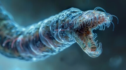 A microscopic image of a single nematode with its mouth open feeding on minuscule organisms in the water. Its internal structures - obrazy, fototapety, plakaty