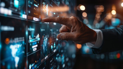 Close up of businessman finger point to full frame game apps hud design