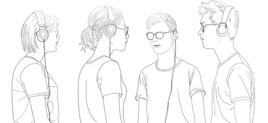 a line drawing of three people wearing headphones