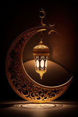 Luminaire in the shape of a golden crescent and an Arabic pendant lamp for the Islamic holiday of Ramadan. Generative AI,