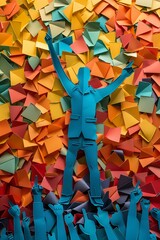 Paper art corporate acclaim, one jubilant cutout figure chosen, tactile textures, hand pointing, muted palette