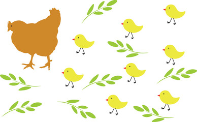 Hen and yellow chicks. funny cartoon drawing. vector design eps 10