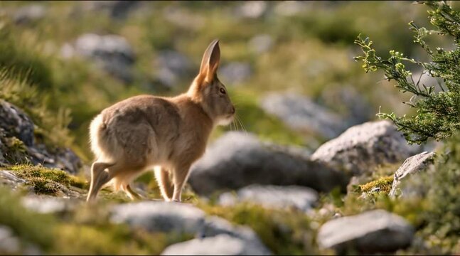 Mountain hares darting among boulders.
