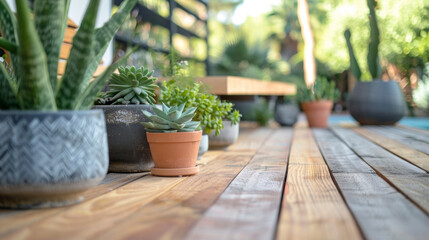 A small wooden deck adorned with potted succulents and a minimalist bench ideal for small gatherings. . .