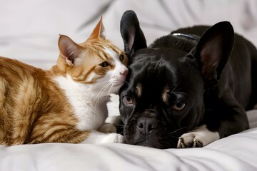 Ginger cat nuzzles black Frenchie, showcasing deep bond and comfort between them