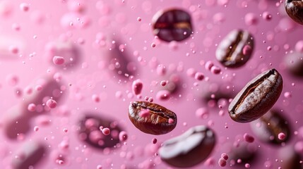   A collection of coffee beans atop a rosy surface, adorned with droplets of water clinging beneath them