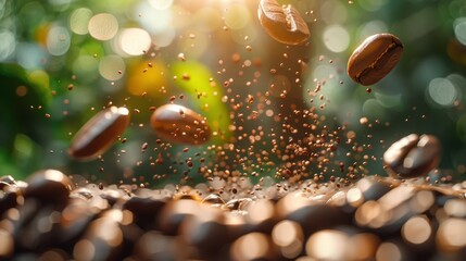   A group of coffee beans cascades into a mound against a backdrop of sunlit beans A solitary bean sits prominently in the foreground - obrazy, fototapety, plakaty
