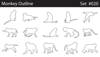 Minimal style monkey line drawing, Side view, set of graphics monkeys elements outline symbol for architecture and landscape design drawing. Vector illustration in stroke fill in white.