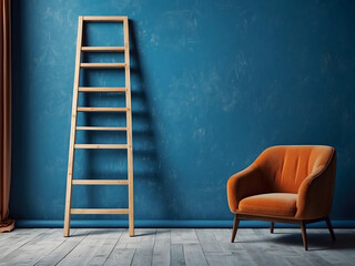 A blue ladder leaning vertically on a blue wall background of an empty, bright studio room design. - obrazy, fototapety, plakaty