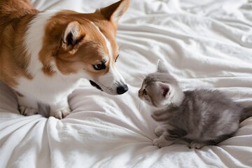 Corgi dog and gray kitten on bedspread show gentleness and curiosity