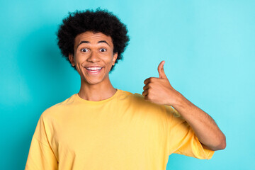 Portrait of good mood man with afro hairstyle wear oversize t-shirt showing thumb up approve nice job isolated on teal color background - obrazy, fototapety, plakaty