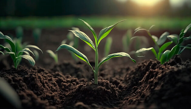 Fresh green corn sprouts in the spring on the field. Generative AI,