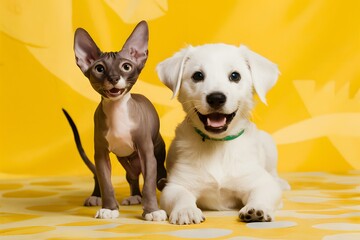 Joyful hairless cat and white puppy playfully interact in a vibrant sunny scene