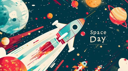 illustration with text to commemorate Space Day  - obrazy, fototapety, plakaty