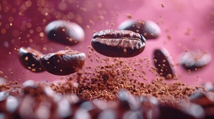   A cluster of coffee beans in mid-flight above a mound of beans against a pink and red backdrop