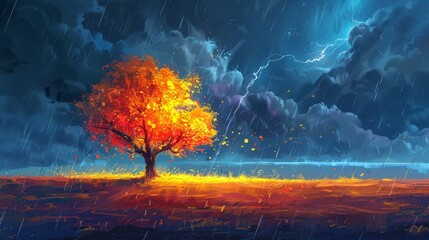 A majestic tree stands tall in the pouring rain, its branches swaying in the wind as thunder rumbles and lightning strikes in the distance.
