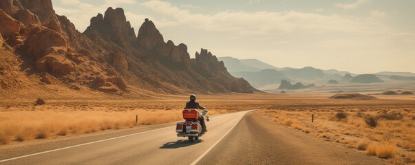Against the backdrop of the horizon, a biker cruises effortlessly along the highway.