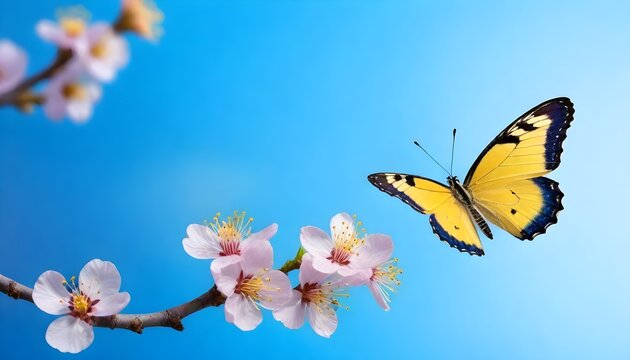Beautiful blue yellow butterfly in flight and branch of flowering apricot tree in spring at Sunrise on light blue and violet background macro. Elegant artistic image nature. Banner format, copy space.