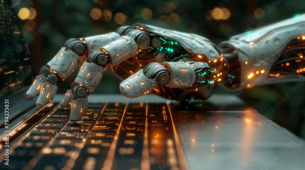 Poster futuristic robot hands typing on a computer keyboard