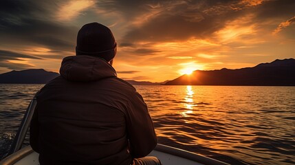 Sailing into the sunset: A breathtaking portrait capturing the serene beauty of a person sailing on a sailboat, as they chase the setting sun on the horizon.