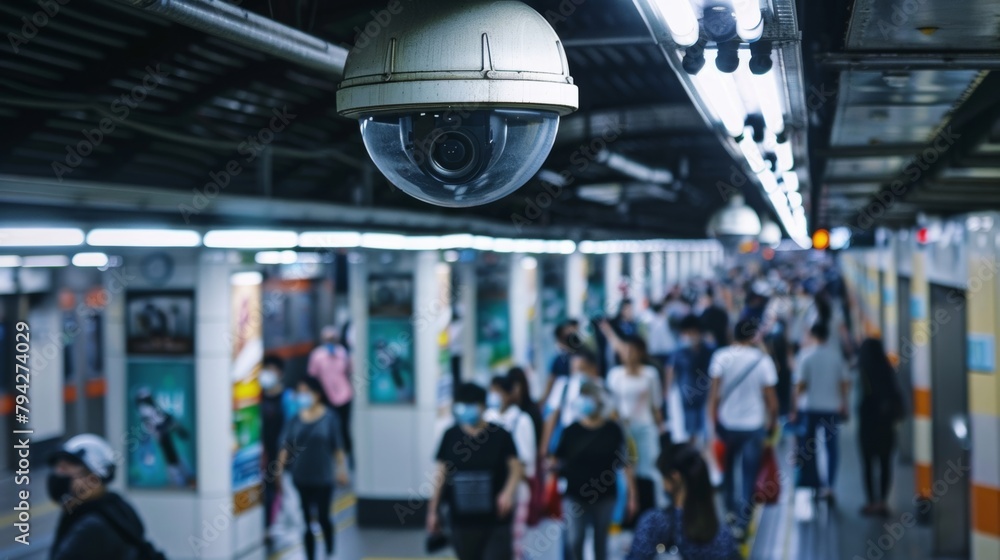 Aufkleber a crowded train station platform with multiple security cameras affixed to the ceiling. .