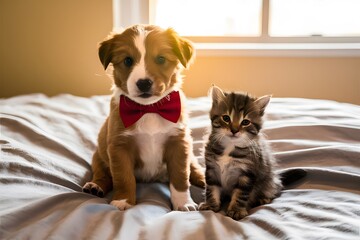 Adorable puppy and kitten duo wearing bowtie on cozy bed in sunlight
