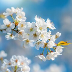 White cherry blossoms in full bloom against the blue sky 