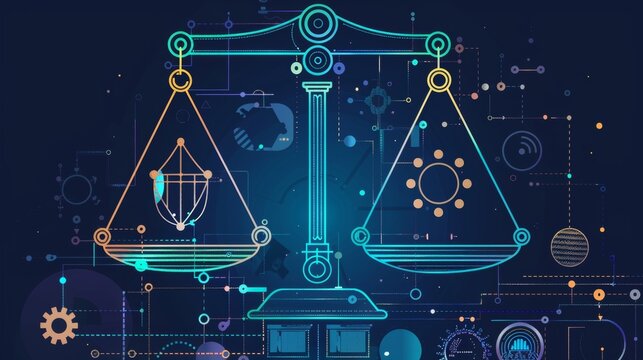 A balance scale with different data types on each side symbolizing the harmonization and organization of data in integrated databases. .