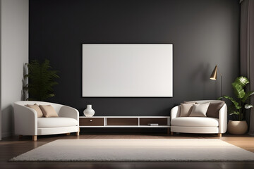 Large white empty screen in a living room interior on an empty dark wall background design,3D rendering