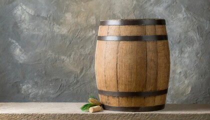 Wooden barrel on a table and textured background