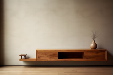 wooden bench with concrete wall in the  background, minimalistic interior design