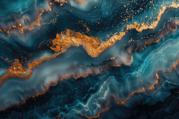  Abstract Blue and Gold Oceanic clouds with swirling fluid shapes and glowing gold glitter. Created with Ai