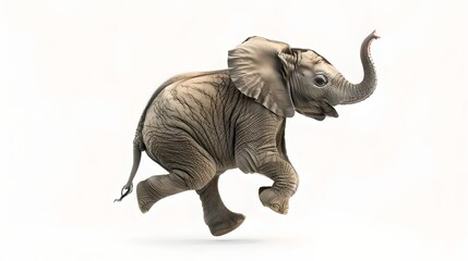 Playful Baby Elephant Running Isolated on White Background. Joyful Animal in Motion Captured in High-Quality Image. Ideal for Wildlife Themes and Children's Illustrations. AI