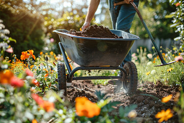 Wheelbarrow and Compost: Laying the Foundation for a Flower Bed in Summer - obrazy, fototapety, plakaty