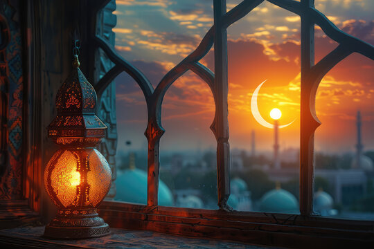A beautiful mosque window overlooking the city, with an Arabic lantern casting warm light inside and a crescent moon visible outside at sunset. Created with Ai