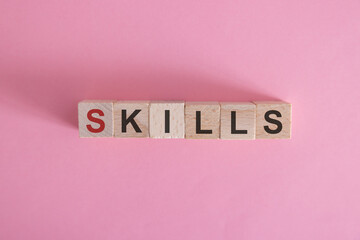Skills Word Written In Wooden Cube. Job search concept.