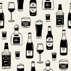 Line art doodle alcoholic drinks. Wine, beer, tequila, whiskey background