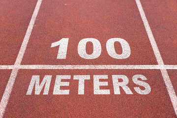 Red runnig track with rubber surface texture top view. Aerial view of the starting numbers 100 meters in a competition - Powered by Adobe