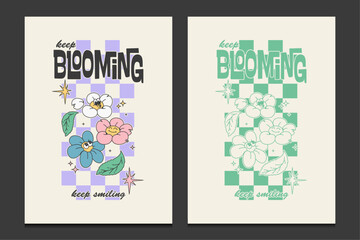 groovy 70s posters with funny cartoon flower characters, vector illustration