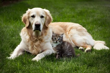 Golden retriever and kitten peacefully coexisting on green lawn, embodying tranquility and curiosity