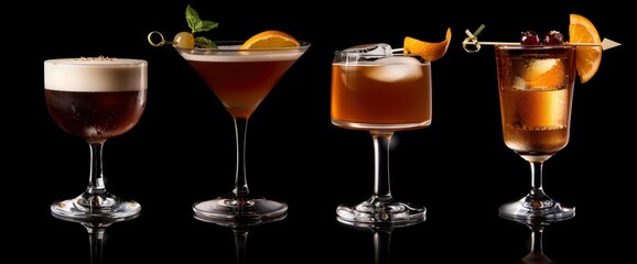 A photo of various cocktails with an orange, lemon and mint in glasses on the table, dark background Background Image,Desktop Wallpaper